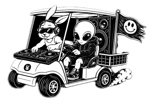 Hybrid Club — coelho DJ e alien no carrinho de som, mascote da marca